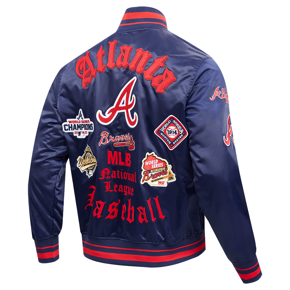 MLB ATLANTA BRAVES OLD ENGLISH MEN'S RIB SATIN JACKET (MIDNIGHT NAVY/RED/MIDNIGHT NAVY)