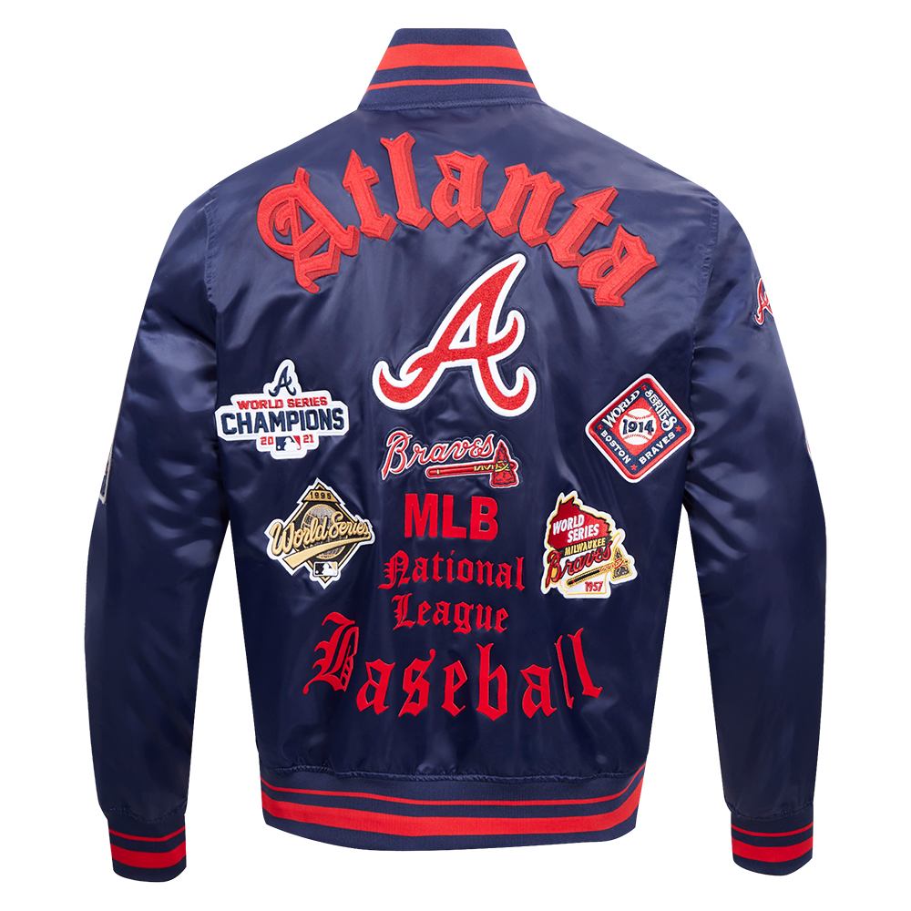 MLB ATLANTA BRAVES OLD ENGLISH MEN'S RIB SATIN JACKET (MIDNIGHT NAVY/RED/MIDNIGHT NAVY)