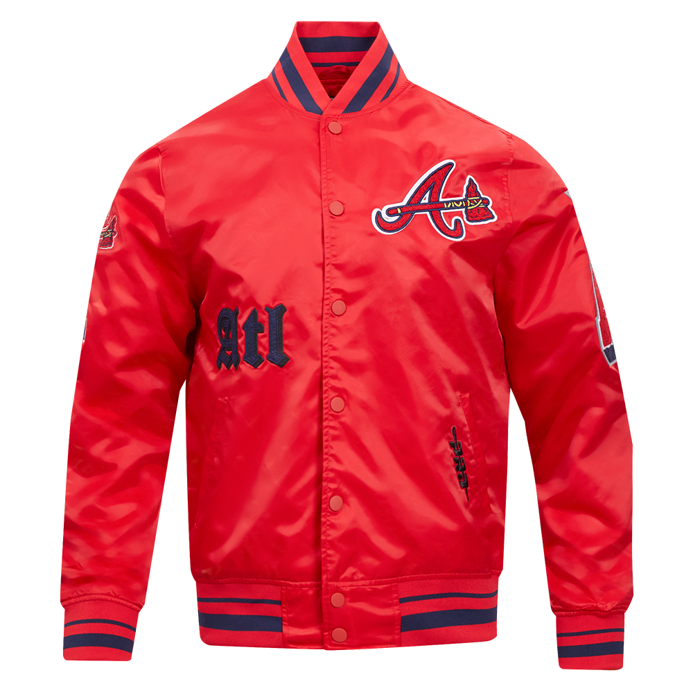 MLB ATLANTA BRAVES OLD ENGLISH BLOUSON EN SATIN À BORDS CÔTELÉS POUR HOMME (ROUGE/MARINE MINUIT/ROUGE)