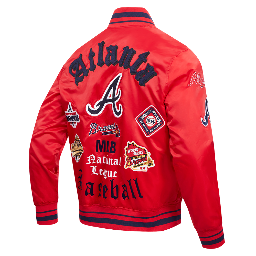 MLB ATLANTA BRAVES OLD ENGLISH BLOUSON EN SATIN À BORDS CÔTELÉS POUR HOMME (ROUGE/MARINE MINUIT/ROUGE)