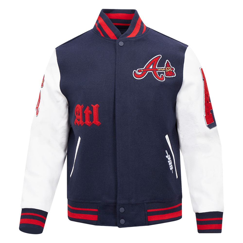 MLB ATLANTA BRAVES OLD ENGLISH BLOUSON COLLÉGIAL EN LAINE À BORDS CÔTELÉS POUR HOMME (MARINE MINUIT/ROUGE/MARINE MINUIT)