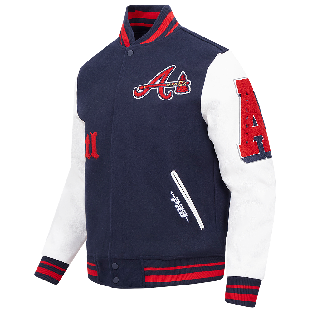 MLB ATLANTA BRAVES OLD ENGLISH BLOUSON COLLÉGIAL EN LAINE À BORDS CÔTELÉS POUR HOMME (MARINE MINUIT/ROUGE/MARINE MINUIT)