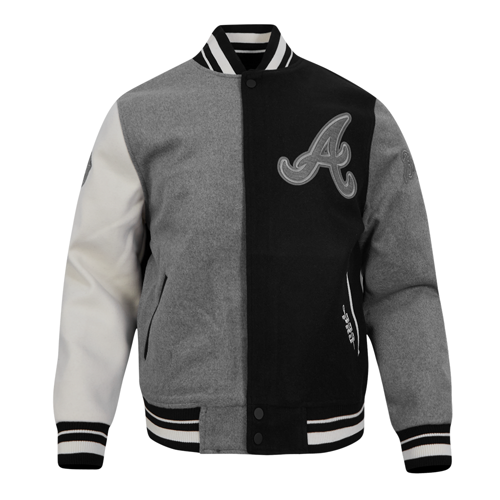 MLB ATLANTA BRAVES REVERSE FRENCH TERRY MEN'S CB WOOL VARSITY JACKET (BLACK/GRAY/EGGSHELL)