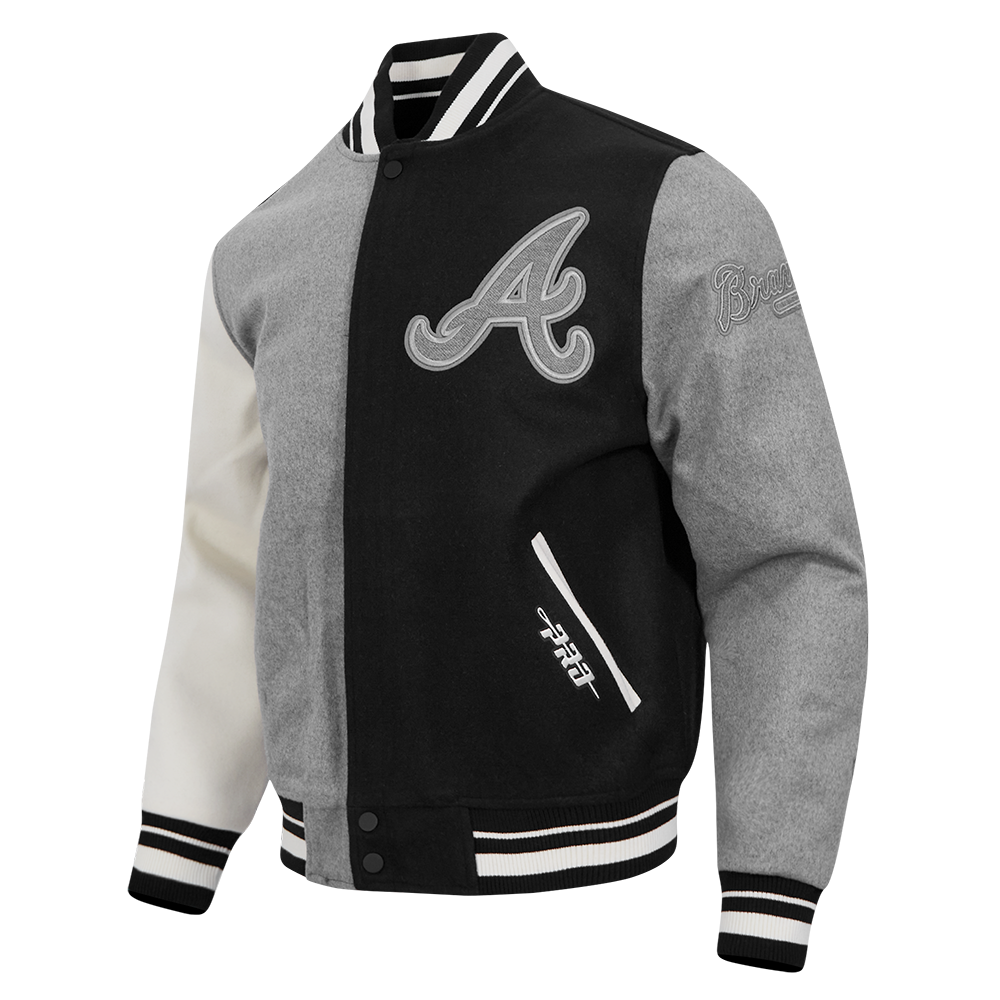MLB ATLANTA BRAVES REVERSE FRENCH TERRY MEN'S CB WOOL VARSITY JACKET (BLACK/GRAY/EGGSHELL)
