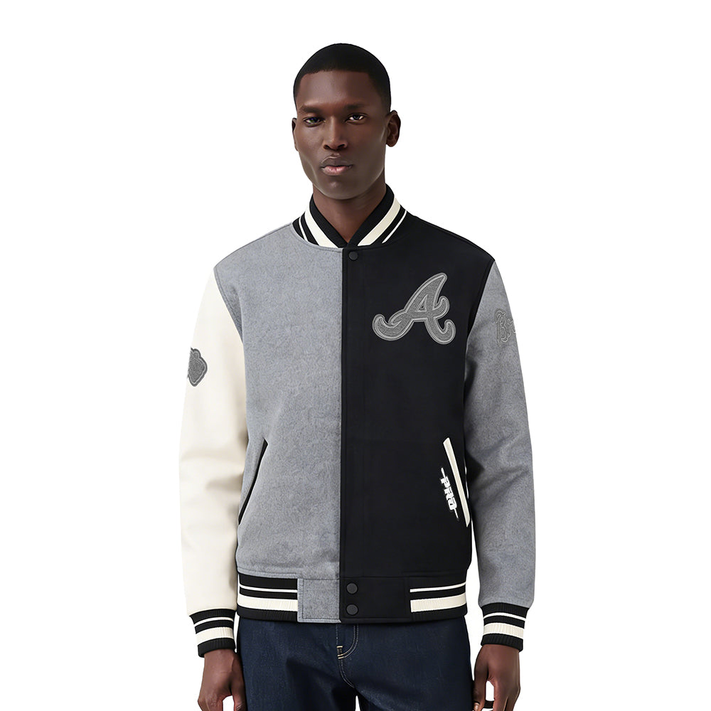 MLB ATLANTA BRAVES REVERSE FRENCH TERRY MEN'S CB WOOL VARSITY JACKET (BLACK/GRAY/EGGSHELL)