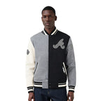 MLB ATLANTA BRAVES REVERSE FRENCH TERRY MEN'S CB WOOL VARSITY JACKET (BLACK/GRAY/EGGSHELL)