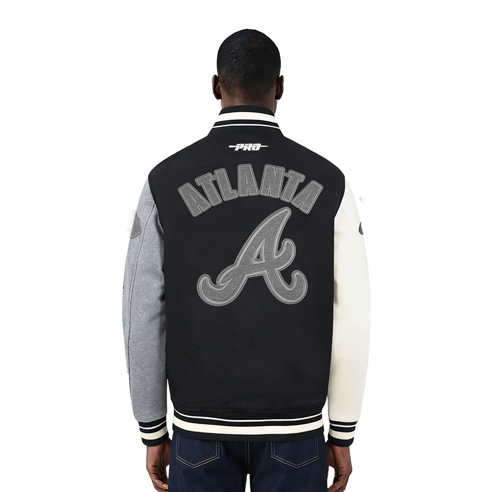 MLB ATLANTA BRAVES REVERSE FRENCH TERRY MEN'S CB WOOL VARSITY JACKET (BLACK/GRAY/EGGSHELL)