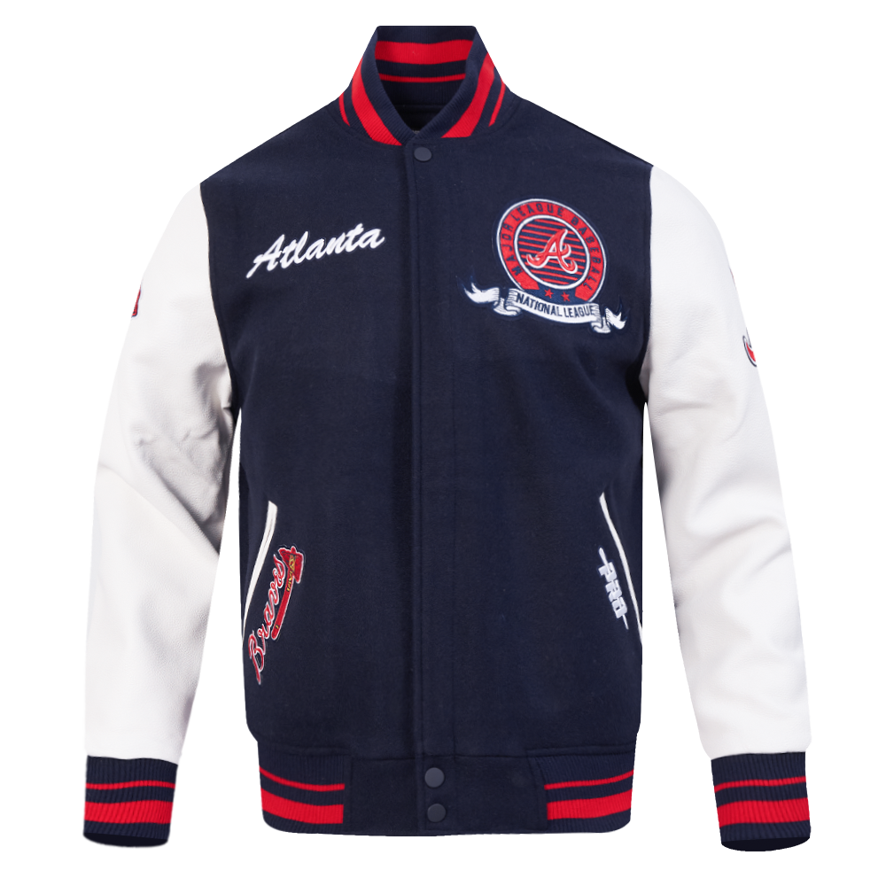 MLB ATLANTA BRAVES TEAM BADGE BLOUSON COLLÉGIAL EN LAINE À BORDS CÔTELÉS POUR HOMME (MARINE MINUIT/ROUGE/MARINE MINUIT)