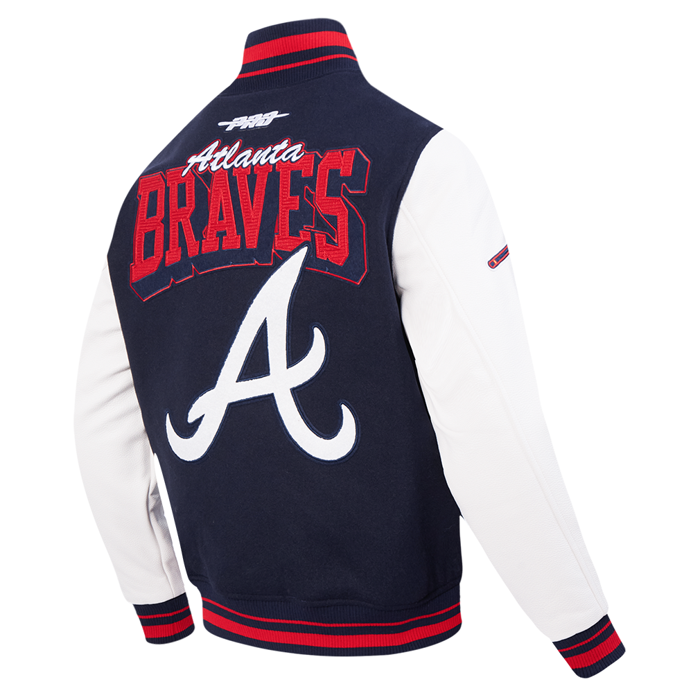 MLB ATLANTA BRAVES TEAM BADGE BLOUSON COLLÉGIAL EN LAINE À BORDS CÔTELÉS POUR HOMME (MARINE MINUIT/ROUGE/MARINE MINUIT)