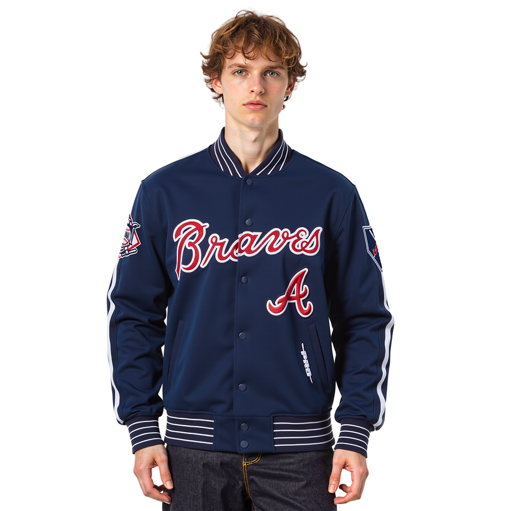 MLB ATLANTA BRAVES BLOUSON PRO GAME DAY EN MAILLE DOUBLE À LOGO ACTUEL POUR HOMME (MARINE MINUIT/BLANC)