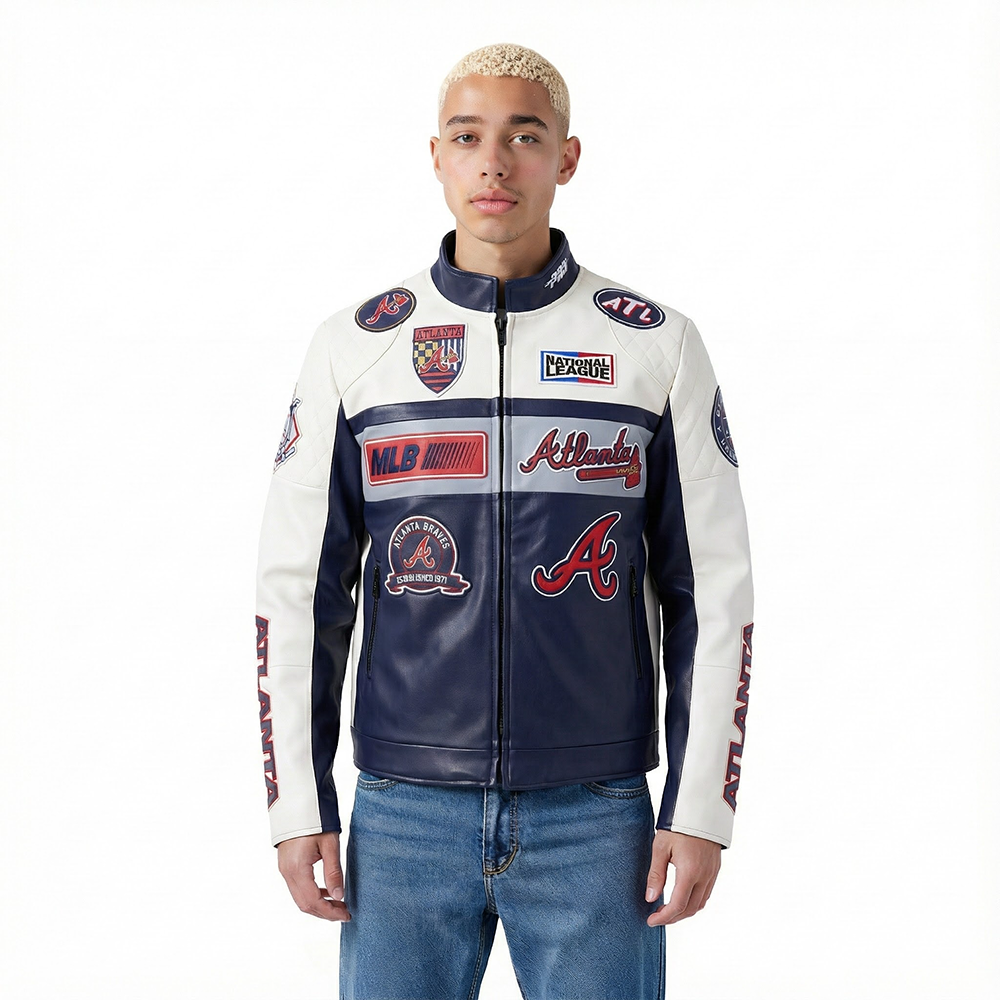 MLB ATLANTA BRAVES MEN'S MOTO JACKET (EGGSHELL/ MIDNIGHT NAVY)