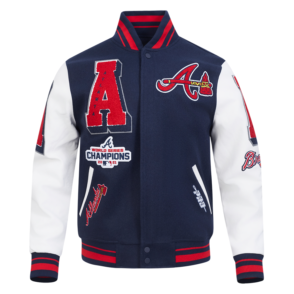 MLB ATLANTA BRAVES MASH UP BLOUSON COLLÉGIAL EN LAINE À BORDS CÔTELÉS POUR HOMME (MARINE MINUIT/ROUGE/MARINE MINUIT)