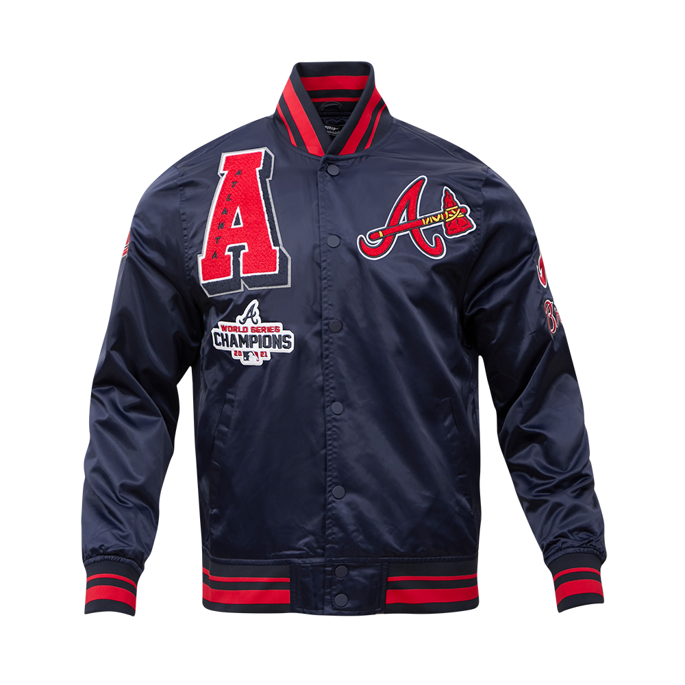 MLB ATLANTA BRAVES MASH UP BLOUSON EN SATIN À BORDS CÔTELÉS POUR HOMME (MARINE MINUIT/ROUGE/MARINE MINUIT)