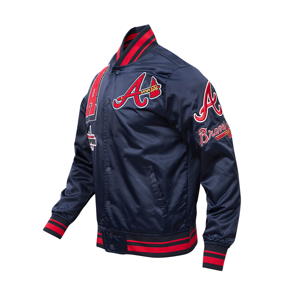 MLB ATLANTA BRAVES MASH UP BLOUSON EN SATIN À BORDS CÔTELÉS POUR HOMME (MARINE MINUIT/ROUGE/MARINE MINUIT)