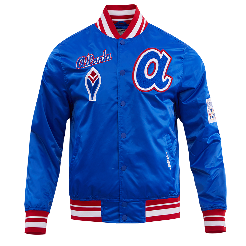 MLB ATLANTA BRAVES RETRO CLASSIC BLOUSON EN SATIN À BORDS CÔTELÉS POUR HOMME (BLEU ROYAL/ROUGE)