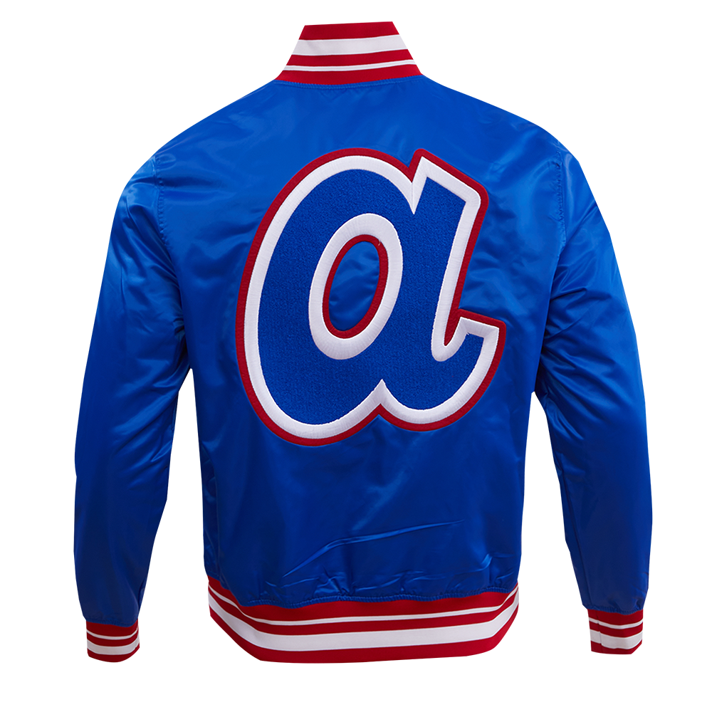 MLB ATLANTA BRAVES RETRO CLASSIC BLOUSON EN SATIN À BORDS CÔTELÉS POUR HOMME (BLEU ROYAL/ROUGE)