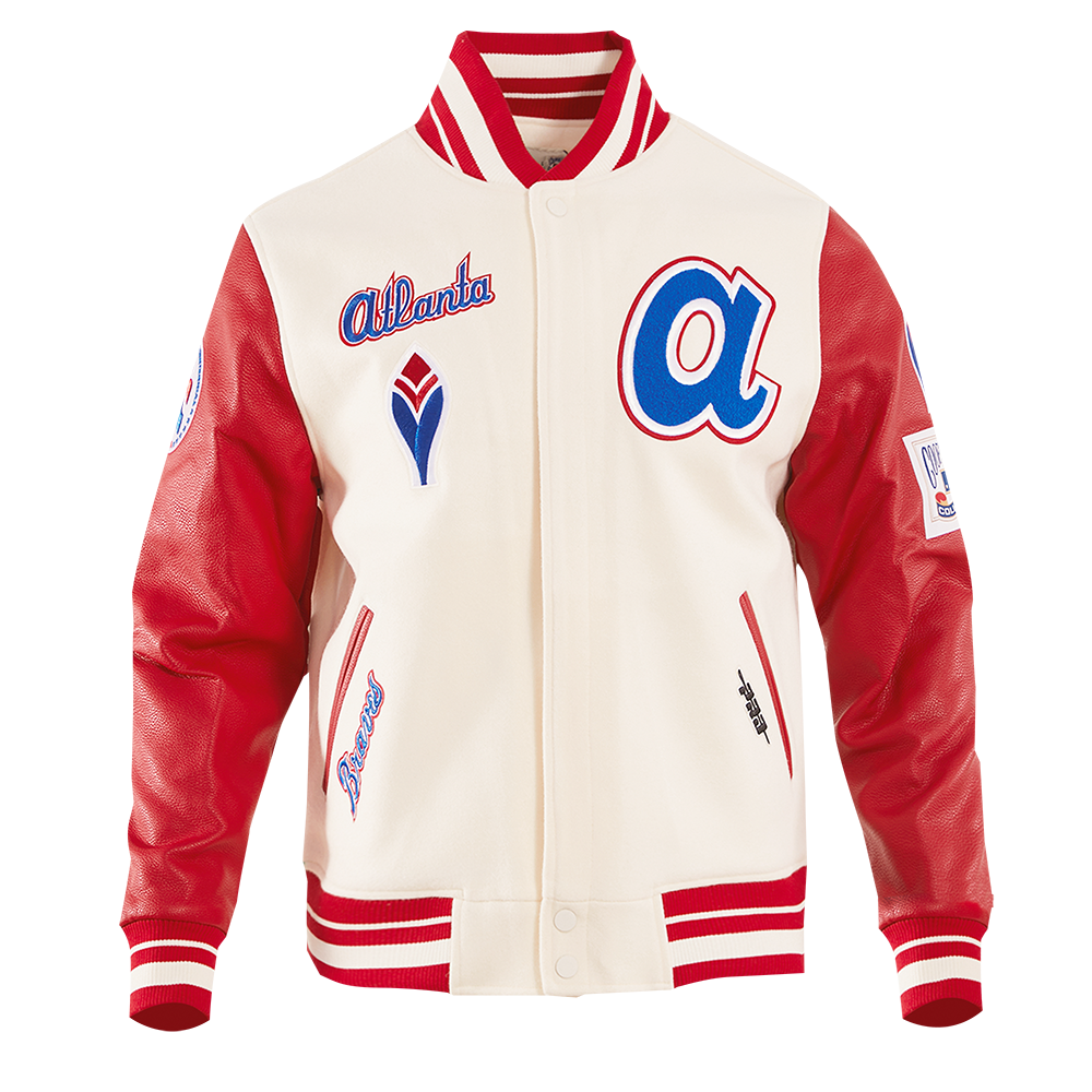 MLB ATLANTA BRAVES RETRO CLASSIC BLOUSON COLLÉGIAL EN LAINE POUR HOMME (COQUILLE D'ŒUF/ROUGE)