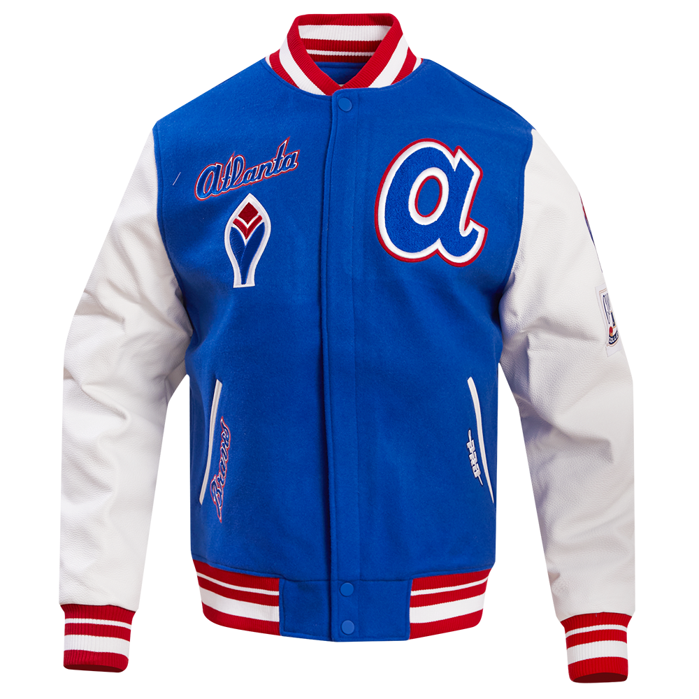 MLB ATLANTA BRAVES RETRO CLASSIC BLOUSON COLLÉGIAL EN LAINE À BORDS CÔTELÉS POUR HOMME (BLEU ROYAL/ROUGE)