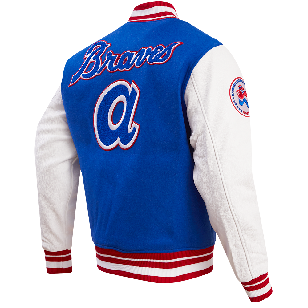 MLB ATLANTA BRAVES RETRO CLASSIC BLOUSON COLLÉGIAL EN LAINE À BORDS CÔTELÉS POUR HOMME (BLEU ROYAL/ROUGE)
