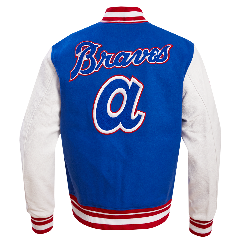 MLB ATLANTA BRAVES RETRO CLASSIC BLOUSON COLLÉGIAL EN LAINE À BORDS CÔTELÉS POUR HOMME (BLEU ROYAL/ROUGE)