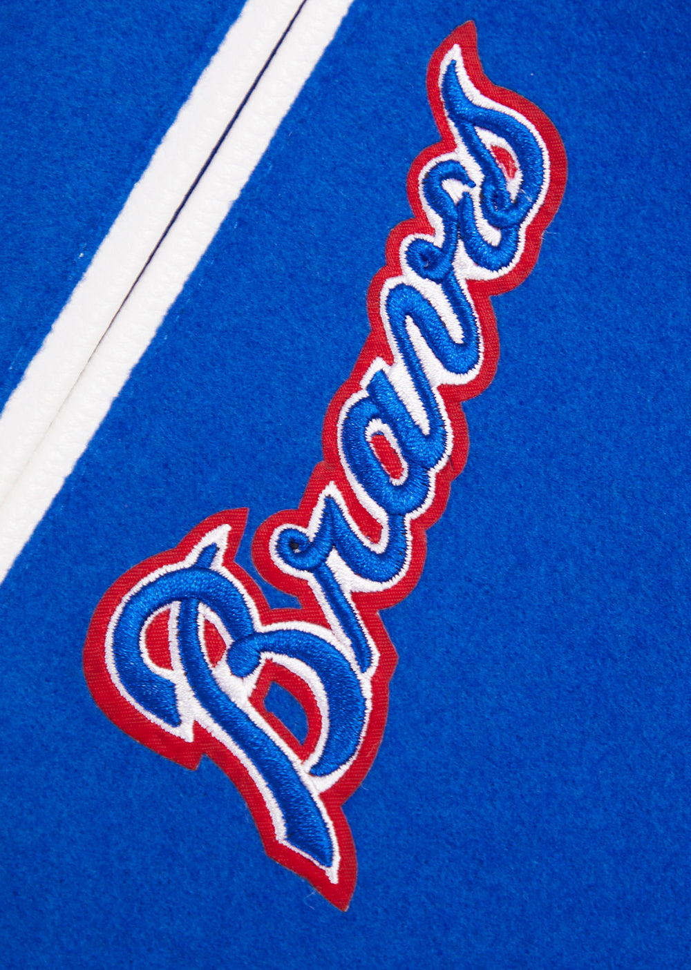 MLB ATLANTA BRAVES RETRO CLASSIC BLOUSON COLLÉGIAL EN LAINE À BORDS CÔTELÉS POUR HOMME (BLEU ROYAL/ROUGE)