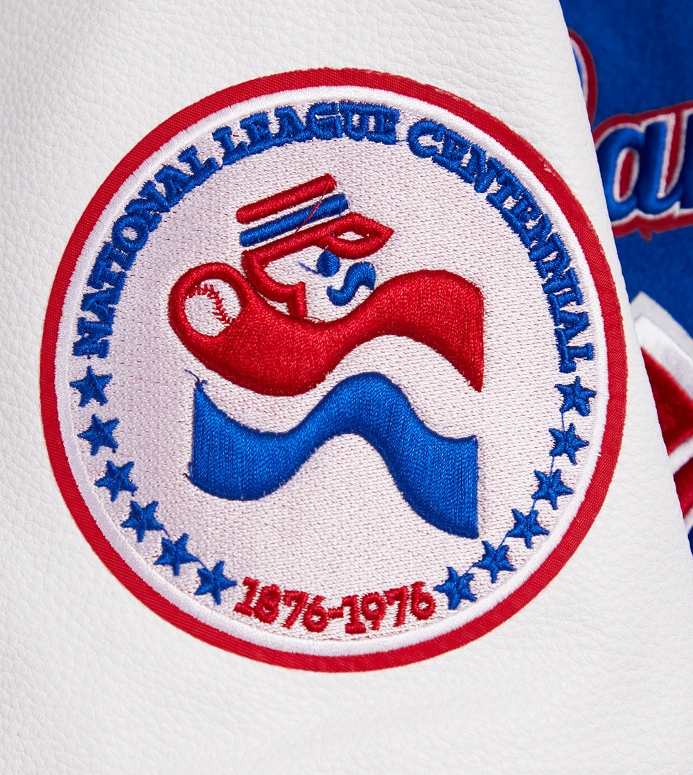 MLB ATLANTA BRAVES RETRO CLASSIC BLOUSON COLLÉGIAL EN LAINE À BORDS CÔTELÉS POUR HOMME (BLEU ROYAL/ROUGE)