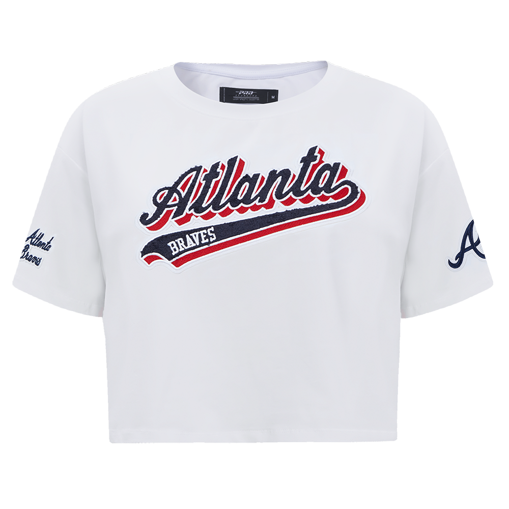 MLB ATLANTA BRAVES SCRIPT TAIL WOMEN'S SINGLE JERSEY BOXY TOP (WHITE)