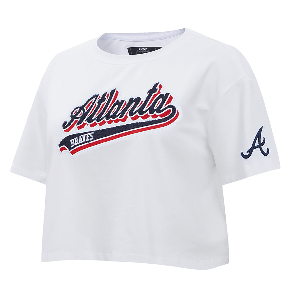 MLB ATLANTA BRAVES SCRIPT TAIL WOMEN'S SINGLE JERSEY BOXY TOP (WHITE)