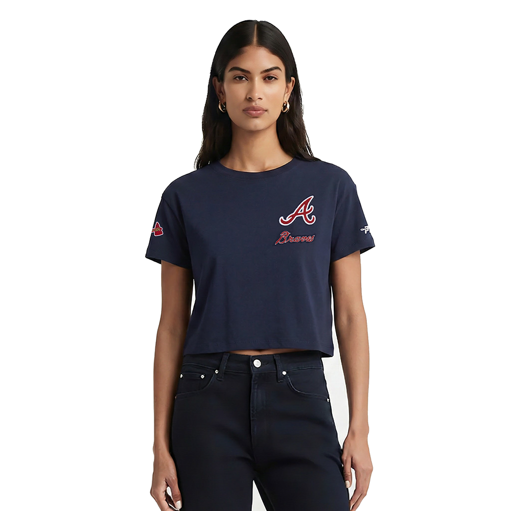 MLB ATLANTA BRAVES CLASSIC CHENILLE HAUT EN JERSEY SIMPLE À COUPE CARRÉE POUR FEMME (MARINE MINUIT)