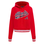 MLB ATLANTA BRAVES SCRIPT TAIL WOMEN'S RIB FLEECE CROPPED PULLOVER HOODIE (RED)