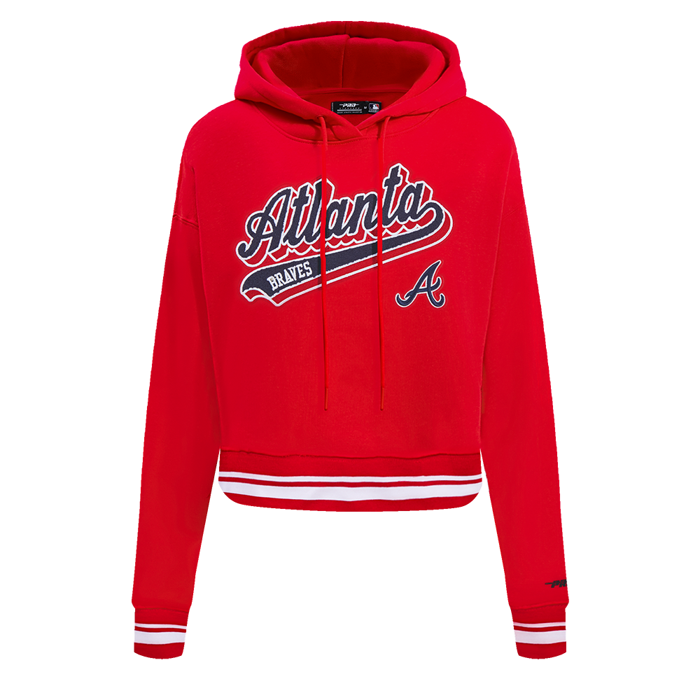 MLB ATLANTA BRAVES SCRIPT TAIL WOMEN'S RIB FLEECE CROPPED PULLOVER HOODIE (RED)