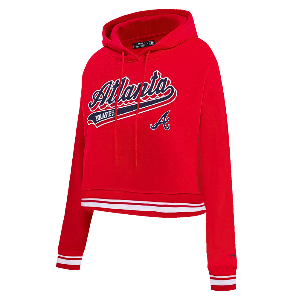 MLB ATLANTA BRAVES SCRIPT TAIL WOMEN'S RIB FLEECE CROPPED PULLOVER HOODIE (RED)