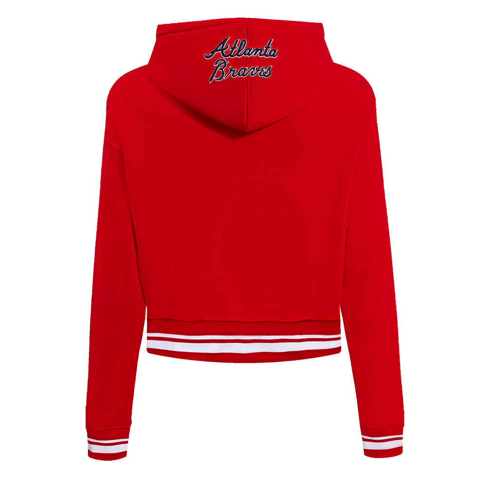 MLB ATLANTA BRAVES SCRIPT TAIL WOMEN'S RIB FLEECE CROPPED PULLOVER HOODIE (RED)