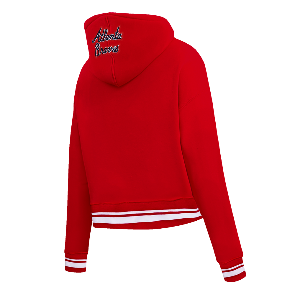 MLB ATLANTA BRAVES SCRIPT TAIL WOMEN'S RIB FLEECE CROPPED PULLOVER HOODIE (RED)