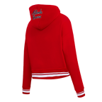 MLB ATLANTA BRAVES SCRIPT TAIL WOMEN'S RIB FLEECE CROPPED PULLOVER HOODIE (RED)