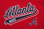 MLB ATLANTA BRAVES SCRIPT TAIL WOMEN'S RIB FLEECE CROPPED PULLOVER HOODIE (RED)