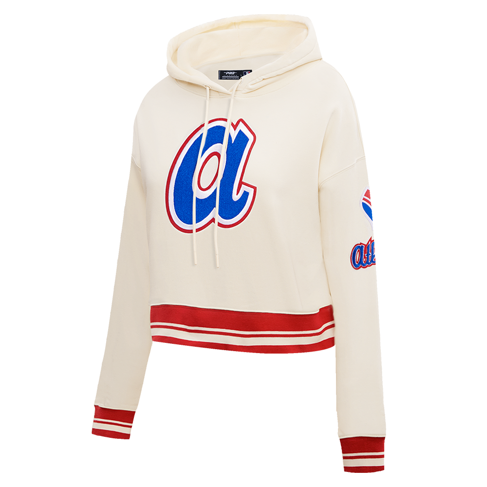 MLB ATLANTA BRAVES RETRO CLASSIC WOMEN'S RIB CROPPED PULLOVER HOODIE (EGGSHELL/ RED)
