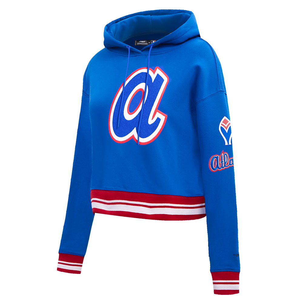 MLB ATLANTA BRAVES RETRO CLASSIC WOMEN'S RIB CROPPED PULLOVER HOODIE (ROYAL BLUE/RED)