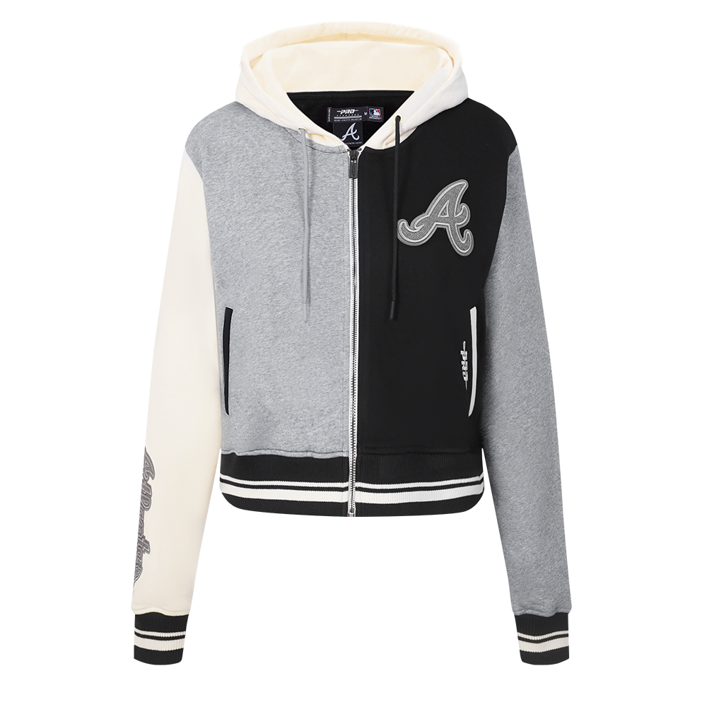 MLB ATLANTA BRAVES REVERSE FRENCH TERRY CHANDAIL À CAPUCHON COURT À GLISSIÈRE POUR FEMME (NOIR/GRIS/COQUILLE D'ŒUF)