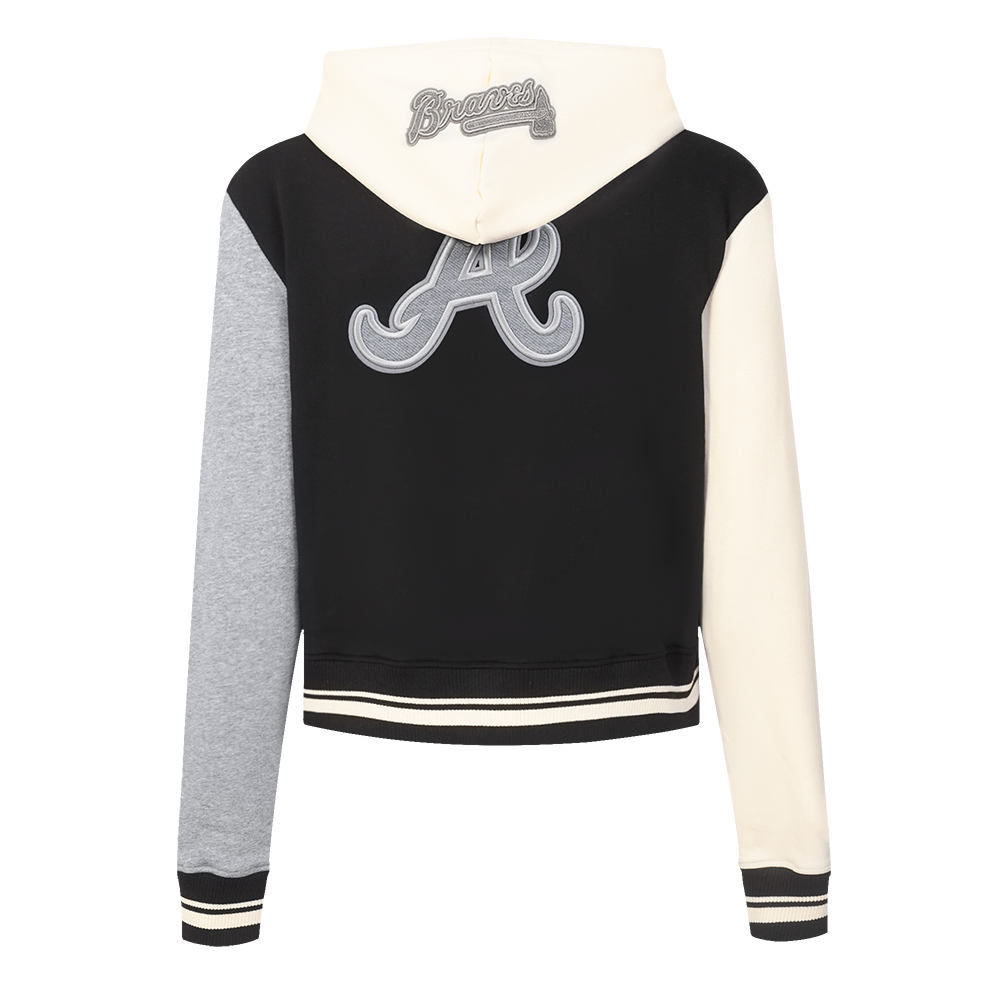 MLB ATLANTA BRAVES REVERSE FRENCH TERRY CHANDAIL À CAPUCHON COURT À GLISSIÈRE POUR FEMME (NOIR/GRIS/COQUILLE D'ŒUF)