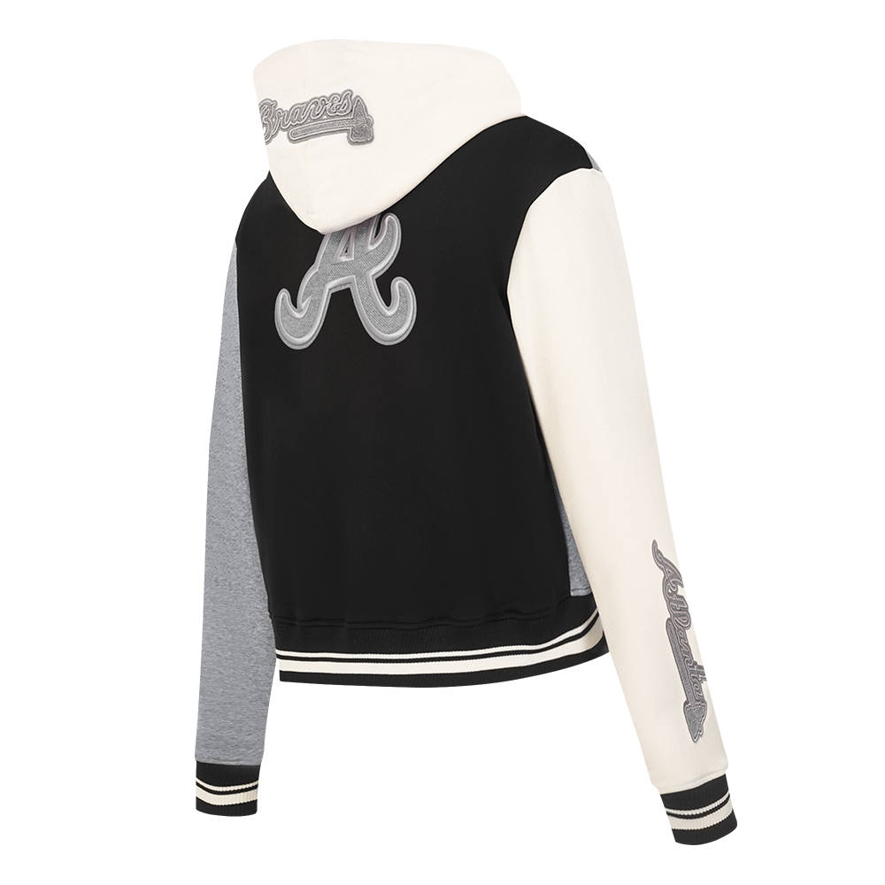 MLB ATLANTA BRAVES REVERSE FRENCH TERRY CHANDAIL À CAPUCHON COURT À GLISSIÈRE POUR FEMME (NOIR/GRIS/COQUILLE D'ŒUF)