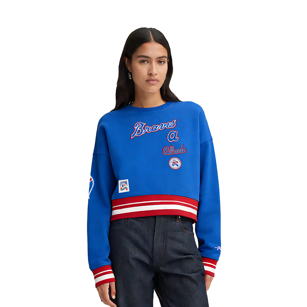 MLB ATLANTA BRAVES RETRO CLASSIC WOMEN'S RIB FLC CREWNECK (ROYAL BLUE/RED)