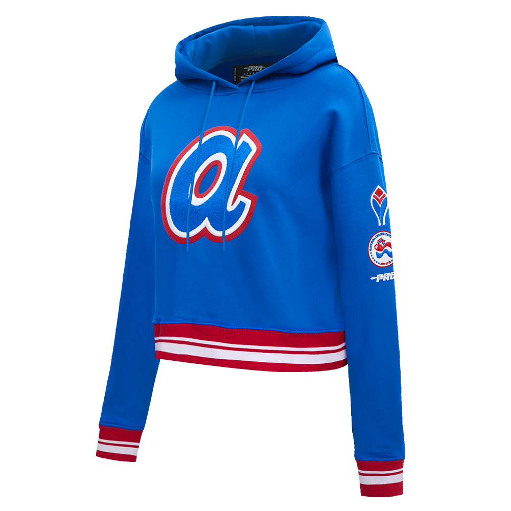 MLB ATLANTA BRAVES RETRO CLASSIC CHANDAIL À CAPUCHON COURT EN MOLLETON CÔTELÉ POUR FEMME (BLEU ROYAL/ROUGE)