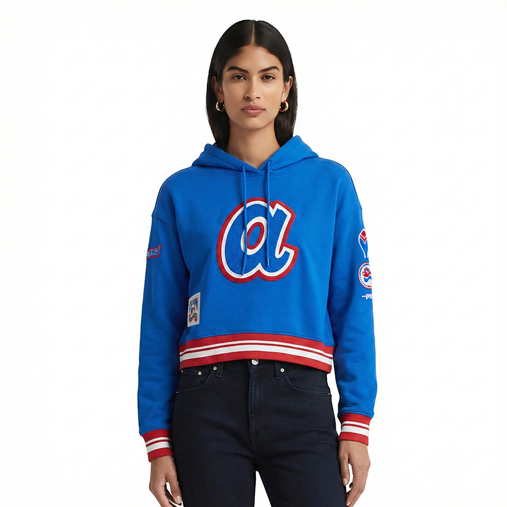 MLB ATLANTA BRAVES RETRO CLASSIC CHANDAIL À CAPUCHON COURT EN MOLLETON CÔTELÉ POUR FEMME (BLEU ROYAL/ROUGE)