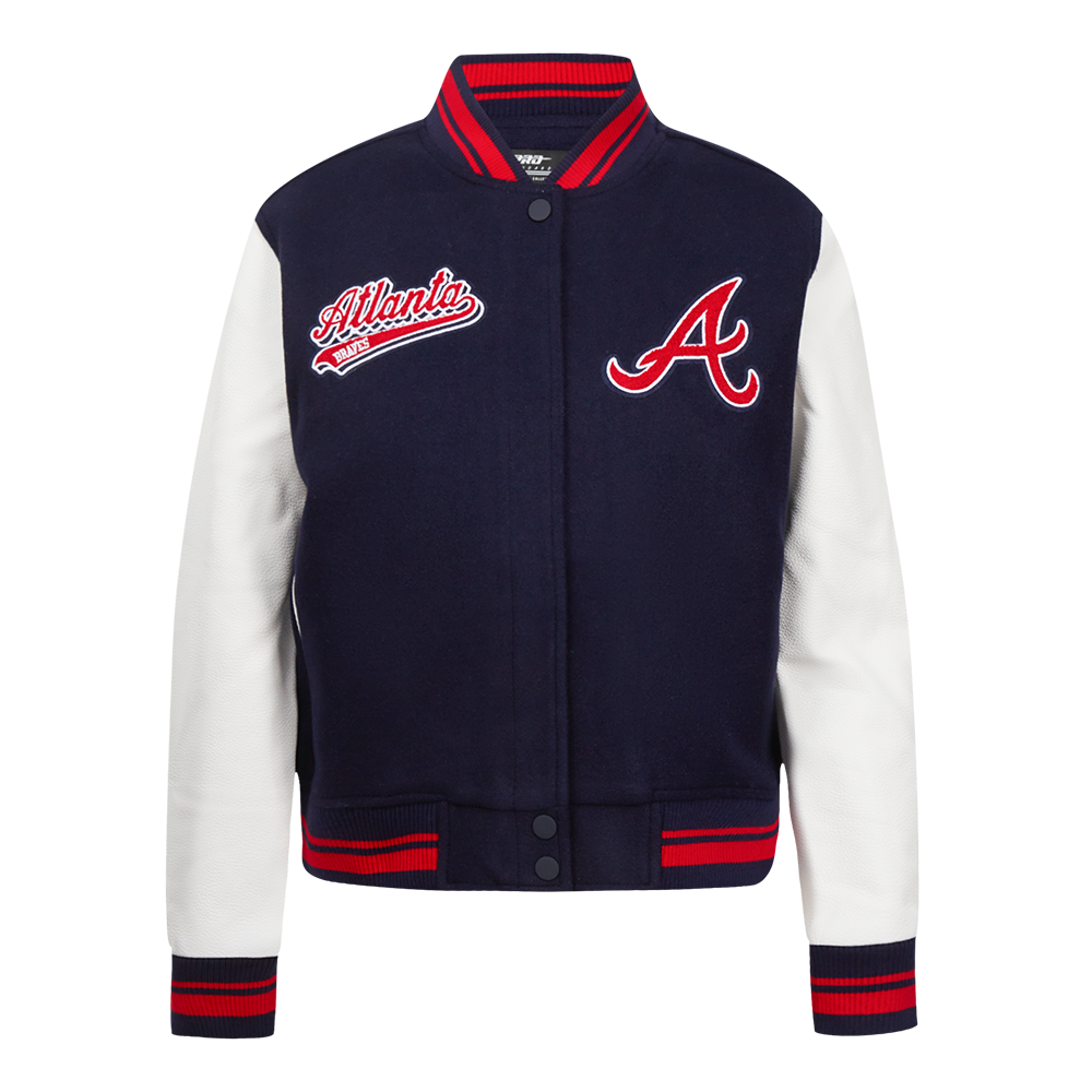 MLB ATLANTA BRAVES SCRIPT TAIL WOMEN'S WOOL VARSITY JACKET (MIDNIGHT NAVY/RED/MIDNIGHT NAVY)