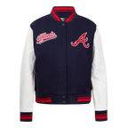 MLB ATLANTA BRAVES SCRIPT TAIL WOMEN'S WOOL VARSITY JACKET (MIDNIGHT NAVY/RED/MIDNIGHT NAVY)