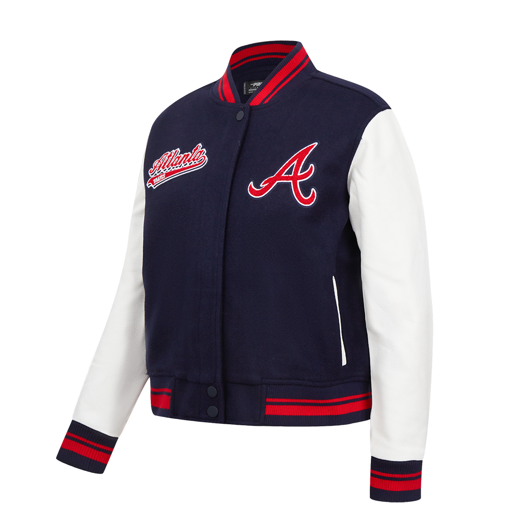 MLB ATLANTA BRAVES SCRIPT TAIL WOMEN'S WOOL VARSITY JACKET (MIDNIGHT NAVY/RED/MIDNIGHT NAVY)
