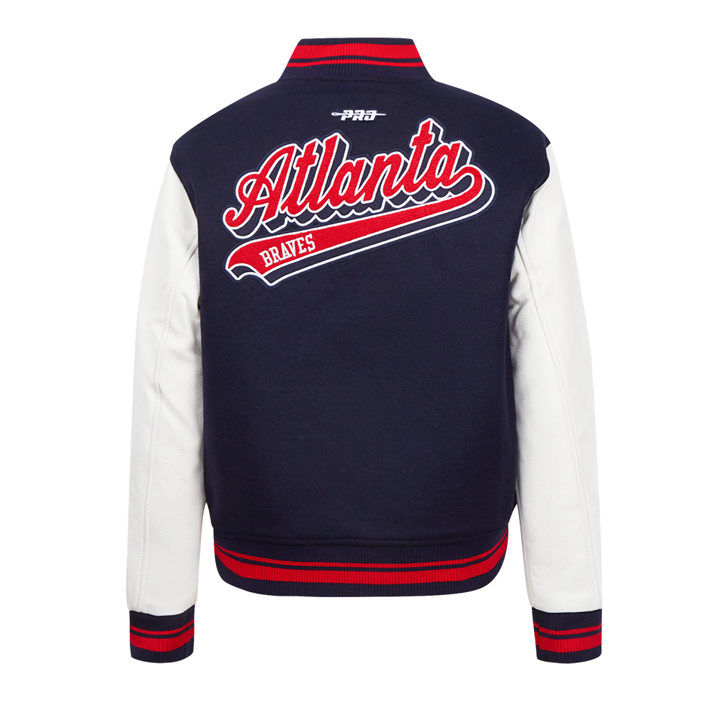 MLB ATLANTA BRAVES SCRIPT TAIL WOMEN'S WOOL VARSITY JACKET (MIDNIGHT NAVY/RED/MIDNIGHT NAVY)