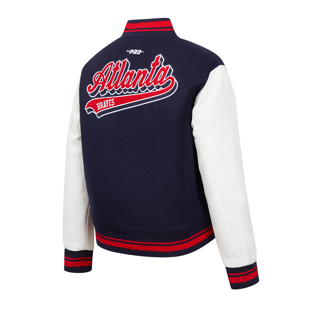 MLB ATLANTA BRAVES SCRIPT TAIL WOMEN'S WOOL VARSITY JACKET (MIDNIGHT NAVY/RED/MIDNIGHT NAVY)