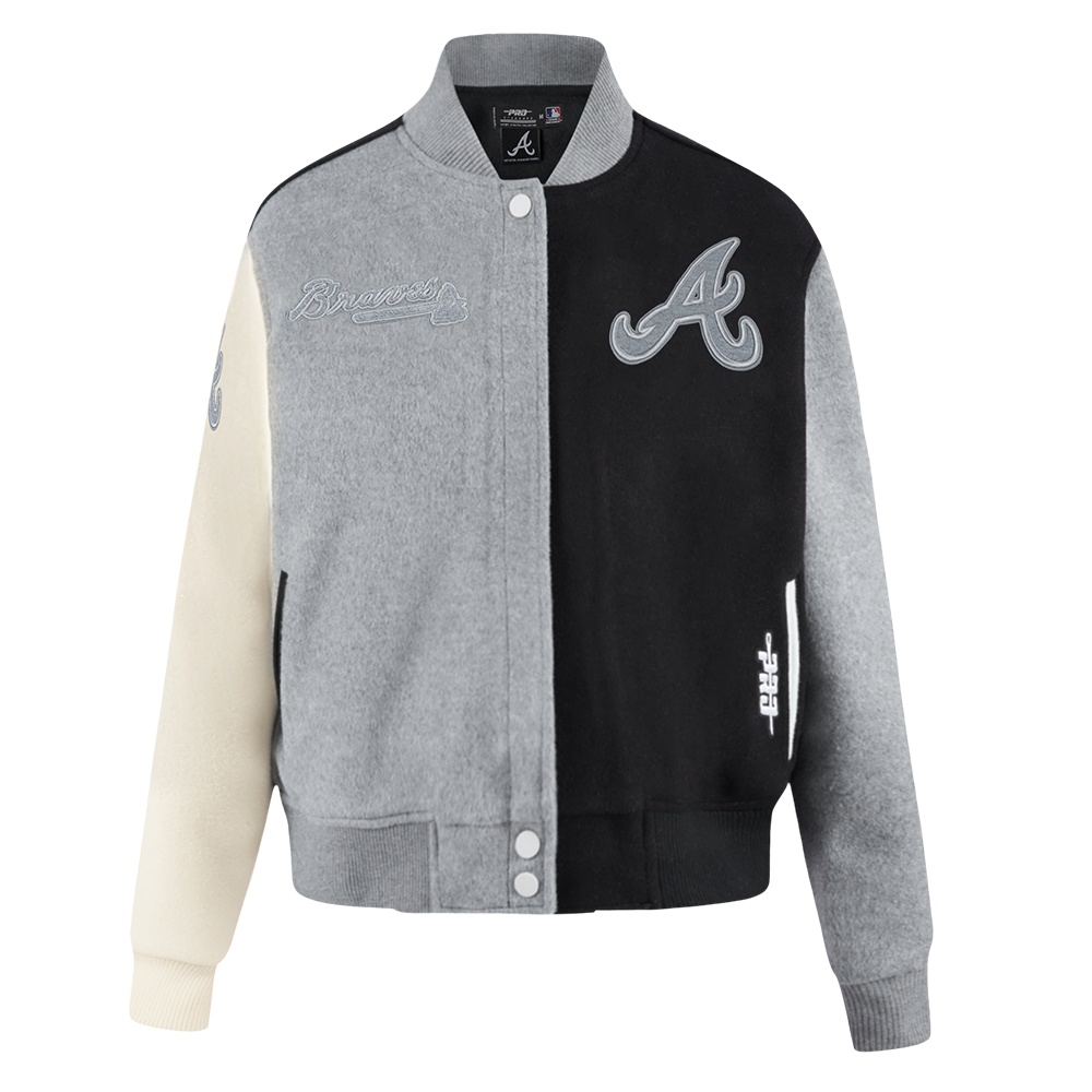 MLB ATLANTA BRAVES REVERSE FRENCH TERRY WOMEN'S WOOL VARSITY JACKET (BLACK/GRAY/EGGSHELL)